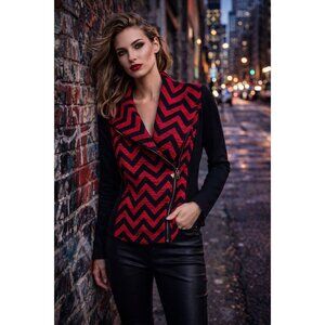 Edgy Moto Street Style | Chico’s Red Black Chevron Asymmetrical Jacket | S | O